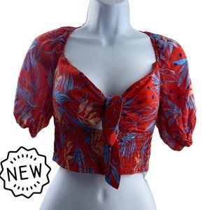 NWT Red Hawaiian Floral Puff Sleeve Sweetheart Crop Top size Small
